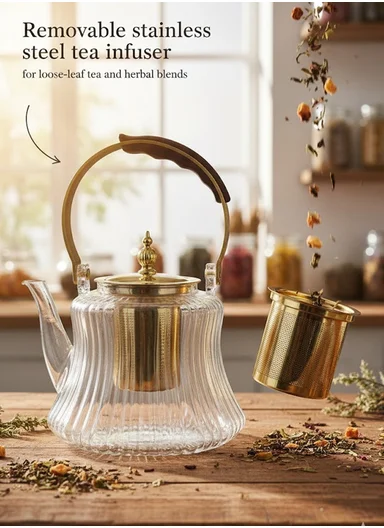1200ml Heat-Resistant Glass Teapot With Removable Stainless Steel Infuser, Handle &amp; Ribbed Design (D14 x H17)cm - Gold