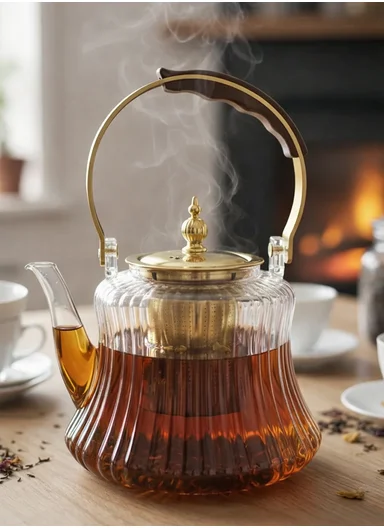 1200ml Heat-Resistant Glass Teapot With Removable Stainless Steel Infuser, Handle &amp; Ribbed Design (D14 x H17)cm - Gold