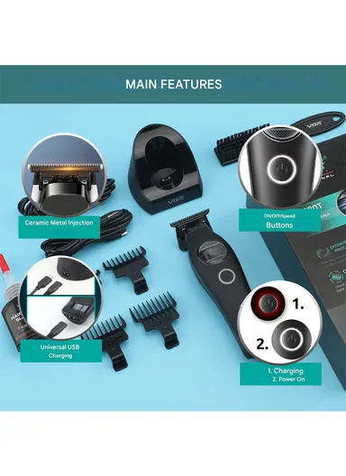 7200 RPM Professional T-Blade Hair Trimmer, Outer Rotor BLDC Motor, 2500mAh Battery, Dual USB &amp; Type-C Charging &amp; LED Display V-880T