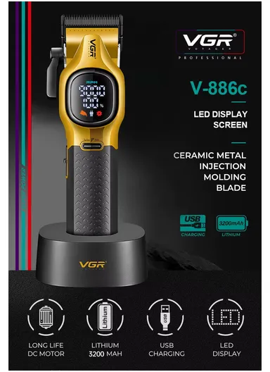 High-Speed 9000RPM Ceramic &amp; DLC Blade Hair Clipper with Type-C Fast Charging, 3200mAh Battery &amp; Magnetic Guide Combs V-886C 