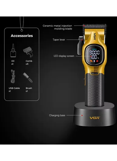 High-Speed 9000RPM Ceramic &amp; DLC Blade Hair Clipper with Type-C Fast Charging, 3200mAh Battery &amp; Magnetic Guide Combs V-886C 