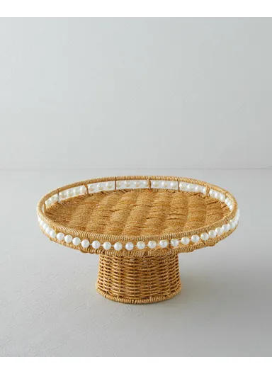 Pearl Plastic Rattan Cake Stand 30 cm Light Brown
