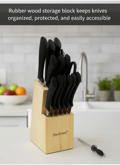 15-Pieces Stainless Steel Knife Set with Wooden Block  (W10 x D13 x H21)cm