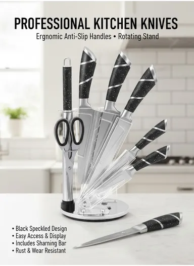 8-Pieces Stainless Steel Knife Block Set with Acrylic Holder (H23 × D15)cm - Black