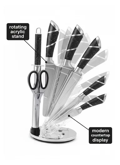 8-Pieces Stainless Steel Knife Block Set with Acrylic Holder (H23 × D15)cm - Black