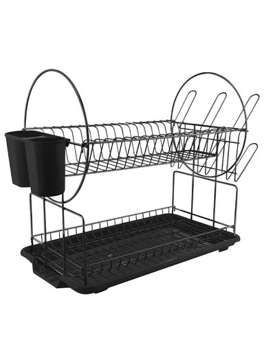 2-Tier Metal Dish Drying Rack With Cutlery Holder &amp; Drip Tray (L52.5 × W23.5 × H36)cm - Black