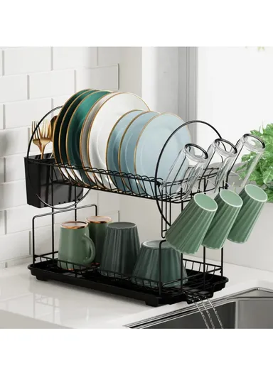 2-Tier Metal Dish Drying Rack With Cutlery Holder &amp; Drip Tray (L52.5 × W23.5 × H36)cm - Black
