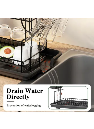 2-Tier Metal Dish Drying Rack With Cutlery Holder &amp; Drip Tray (L52.5 × W23.5 × H36)cm - Black