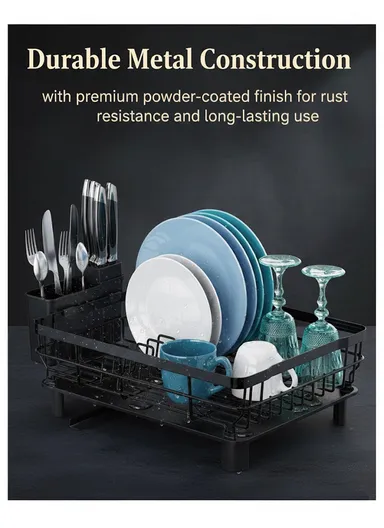 Multifunction One-Tier Kitchen Dish Drying Rack with Cutlery Holder (W48.5 x D32.5 x H15.5)cm