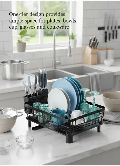 Multifunction One-Tier Kitchen Dish Drying Rack with Cutlery Holder (W48.5 x D32.5 x H15.5)cm