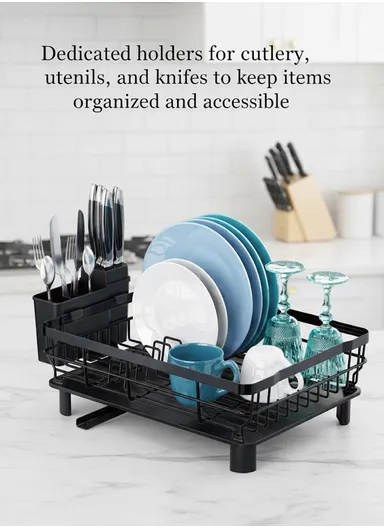 Multifunction One-Tier Kitchen Dish Drying Rack with Cutlery Holder (W48.5 x D32.5 x H15.5)cm