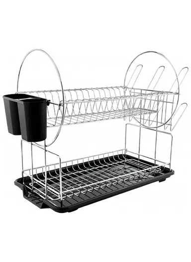 2-Tier Metal Dish Drying Rack With Cutlery Holder &amp; Drip Tray (L52.5 × W23.5 × H36)cm - Silver
