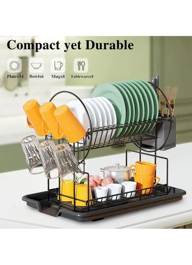 2-Tier Metal Dish Drying Rack With Cutlery Holder &amp; Drip Tray (L52.5 × W23.5 × H36)cm - Silver