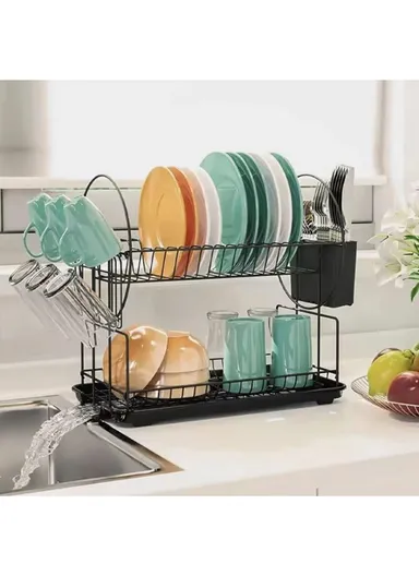 2-Tier Metal Dish Drying Rack With Cutlery Holder &amp; Drip Tray (L52.5 × W23.5 × H36)cm - Silver