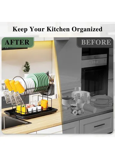 2-Tier Metal Dish Drying Rack With Cutlery Holder &amp; Drip Tray (L52.5 × W23.5 × H36)cm - Silver