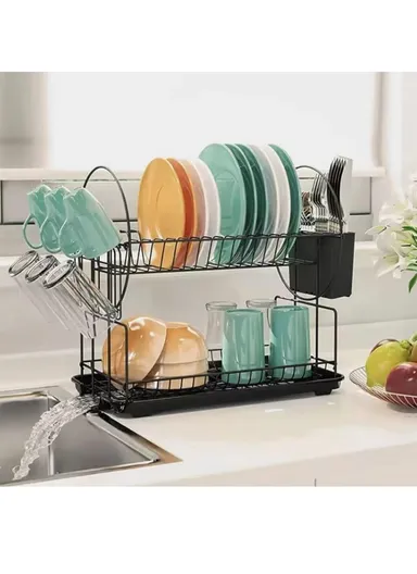 2-Tier Metal Dish Drying Rack With Cutlery Holder &amp; Drip Tray (L52.5 × W23.5 × H36)cm - Silver