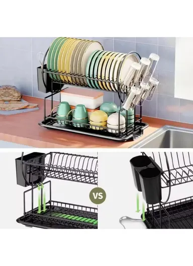 2-Tier Metal Dish Drying Rack With Cutlery Holder &amp; Drip Tray (L52.5 × W23.5 × H36)cm - Silver