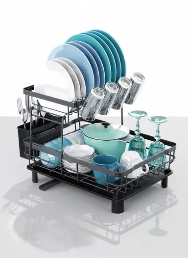 Multifunction Two-Tier Kitchen Dish Drying Rack with Cutlery Holder (W48.5 x D32.5 x H33)cm