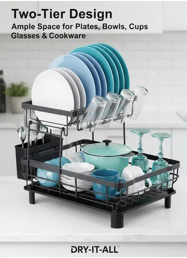 Multifunction Two-Tier Kitchen Dish Drying Rack with Cutlery Holder (W48.5 x D32.5 x H33)cm