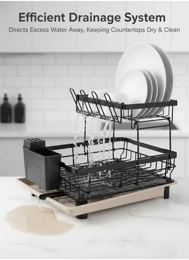 Multifunction Two-Tier Kitchen Dish Drying Rack with Cutlery Holder (W48.5 x D32.5 x H33)cm