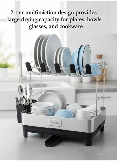 2-Tier Stainless Steel Kitchen Dish Rack With Drain Tray &amp; Utensil Holder (L48.5 x W32 x H38.5 )cm