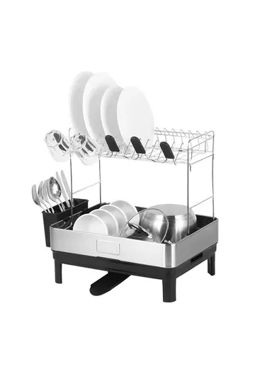2-Tier Stainless Steel Kitchen Dish Rack With Drain Tray &amp; Utensil Holder (L48.5 x W32 x H38.5 )cm