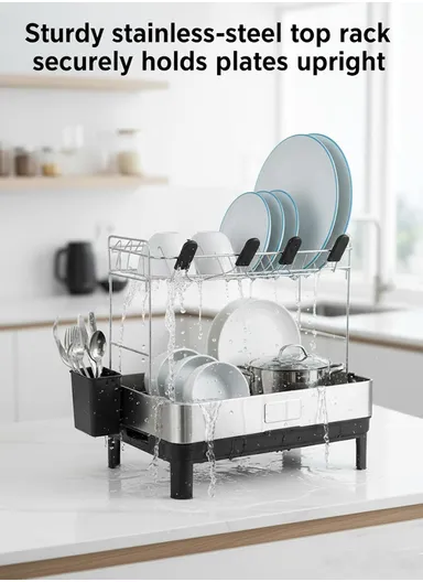 2-Tier Stainless Steel Kitchen Dish Rack With Drain Tray &amp; Utensil Holder (L48.5 x W32 x H38.5 )cm