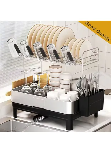 2-Tier Stainless Steel Kitchen Dish Rack With Drain Tray &amp; Utensil Holder (L48.5 x W32 x H38.5 )cm