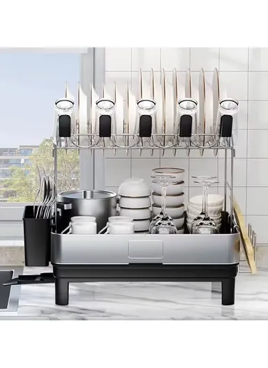2-Tier Stainless Steel Kitchen Dish Rack With Drain Tray &amp; Utensil Holder (L48.5 x W32 x H38.5 )cm