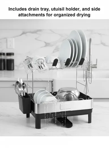 2-Tier Stainless Steel Kitchen Dish Rack With Drain Tray &amp; Utensil Holder (L48.5 x W32 x H38.5 )cm