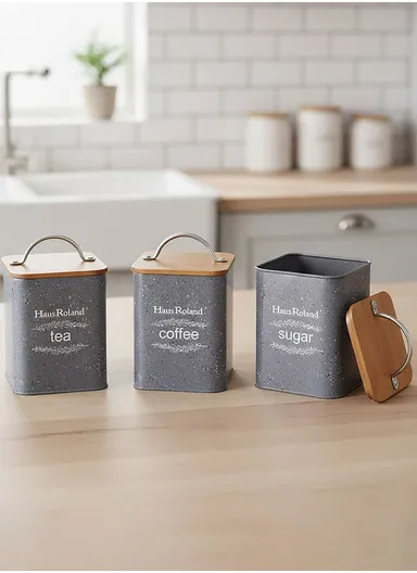 Tea, Coffee &amp; Sugar Storage Canisters With Bamboo Airtight Lids (W9 × D10 × H13.5)cm - Grey