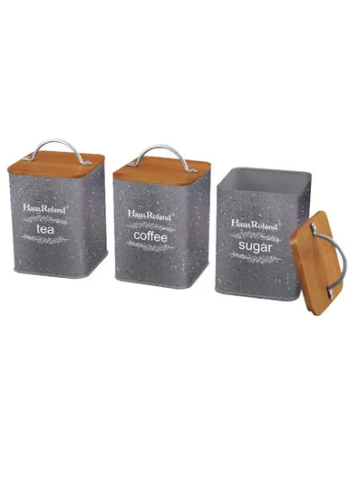 Tea, Coffee &amp; Sugar Storage Canisters With Bamboo Airtight Lids (W9 × D10 × H13.5)cm - Grey