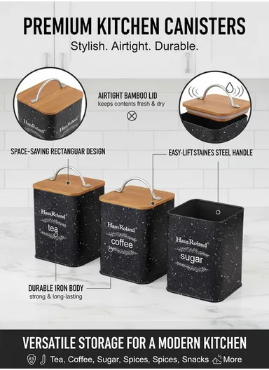 Tea, Coffee &amp; Sugar Storage Canisters With Bamboo Airtight Lids (W9 × D10 × H13.5)cm - Grey