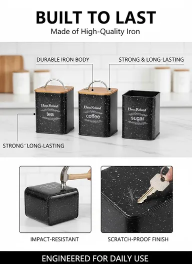 Tea, Coffee &amp; Sugar Storage Canisters With Bamboo Airtight Lids (W9 × D10 × H13.5)cm - Grey