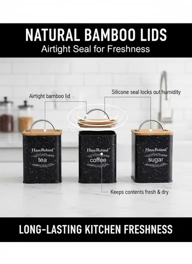 Tea, Coffee &amp; Sugar Storage Canisters With Bamboo Airtight Lids (W9 × D10 × H13.5)cm - Grey