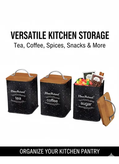 Tea, Coffee &amp; Sugar Storage Canisters With Bamboo Airtight Lids (W9 × D10 × H13.5)cm - Grey