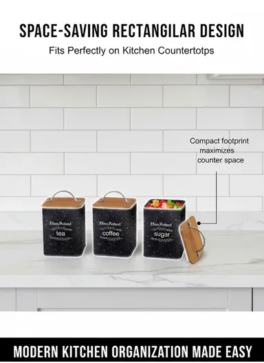 Tea, Coffee &amp; Sugar Storage Canisters With Bamboo Airtight Lids (W9 × D10 × H13.5)cm - Grey