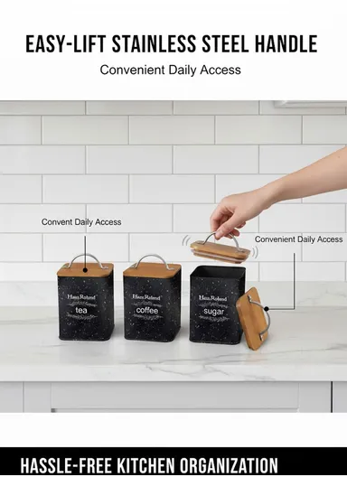 Tea, Coffee &amp; Sugar Storage Canisters With Bamboo Airtight Lids (W9 × D10 × H13.5)cm - Grey