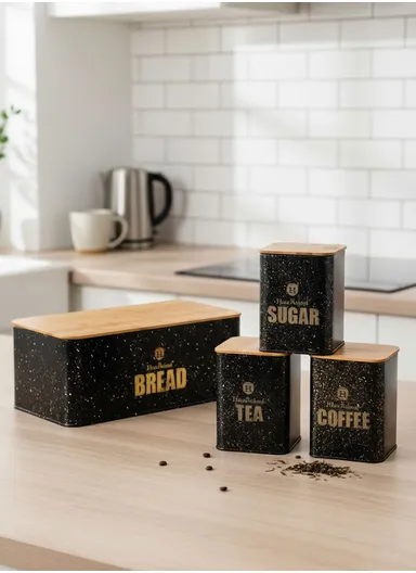 Bread Box With 3-Pieces Tea, Sugar &amp; Coffee Canister Set – Black