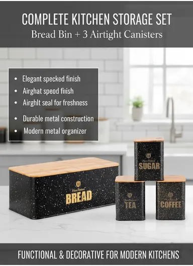Bread Box With 3-Pieces Tea, Sugar &amp; Coffee Canister Set – Black
