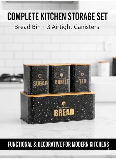 Bread Box With 3-Pieces Tea, Sugar &amp; Coffee Canister Set – Black