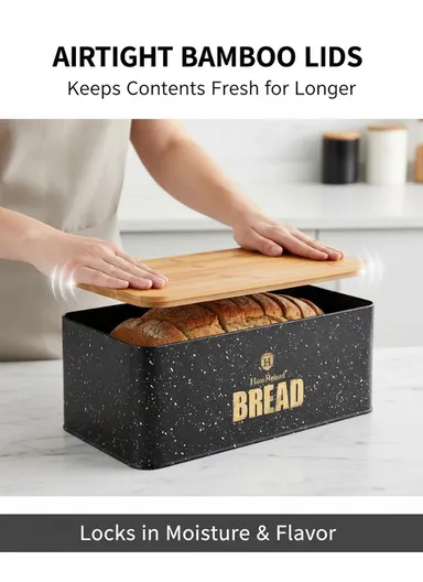 Bread Box With 3-Pieces Tea, Sugar &amp; Coffee Canister Set – Black