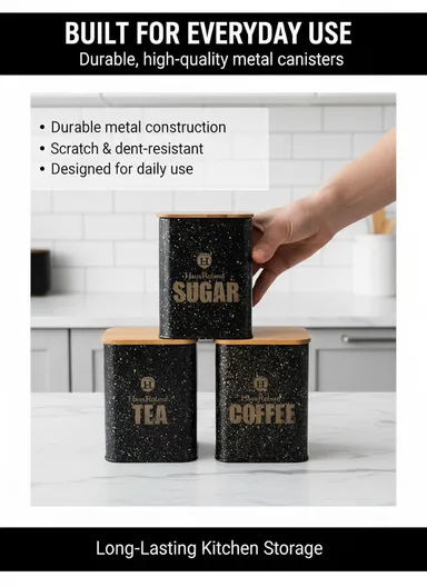 Bread Box With 3-Pieces Tea, Sugar &amp; Coffee Canister Set – Black