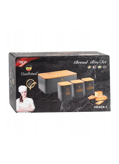 Bread Box With 3-Pieces Tea, Sugar &amp; Coffee Canister Set – Black