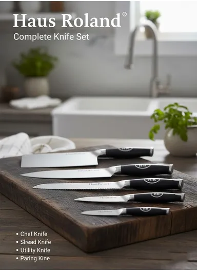 6-Pieces Premium Kitchen Knife Set With Wooden Block (W12 × D12 × H21)cm - Black