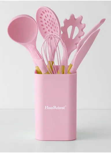 8-Pieces Heat-Resistant Kitchen Tools Set With Wooden Handles &amp; Holder - Pink