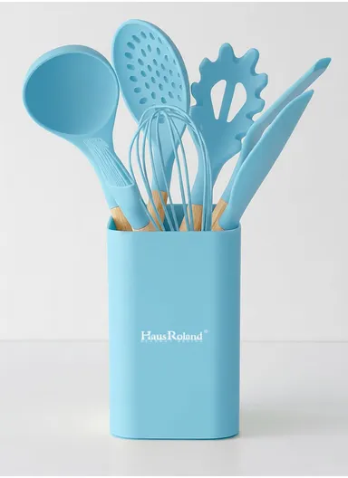8-Pieces Heat-Resistant Kitchen Tools Set With Wooden Handles &amp; Holder - Blue
