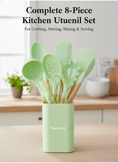 8-Pieces Heat-Resistant Kitchen Tools Set With Wooden Handles &amp; Holder - Green