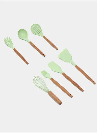 8-Pieces Heat-Resistant Kitchen Tools Set With Wooden Handles &amp; Holder - Green
