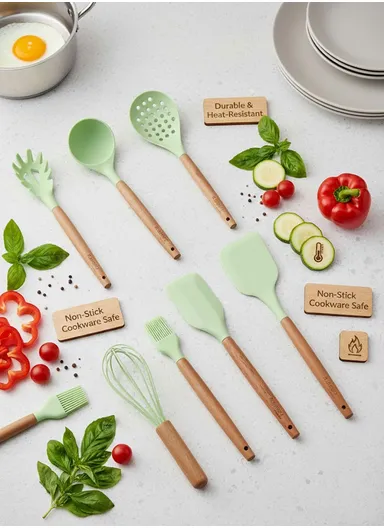 8-Pieces Heat-Resistant Kitchen Tools Set With Wooden Handles &amp; Holder - Green